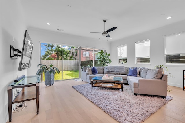 831 E 26th St, Houston, TX 77009 - living area with ceiling fan, recessed lighting, wood finished floors, and baseboards