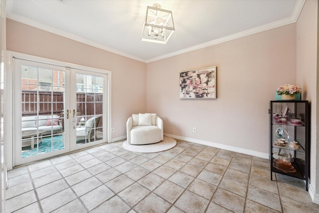 738 Augusta Dr Unit 312, Houston, TX 77057 - living area featuring crown molding, french doors, baseboards, and a chandelier