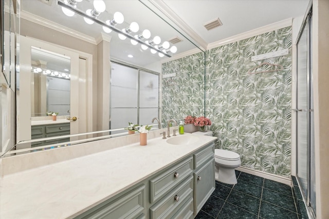 738 Augusta Dr Unit 312, Houston, TX 77057 - bathroom featuring wallpapered walls, ornamental molding, a shower with door, toilet, and vanity