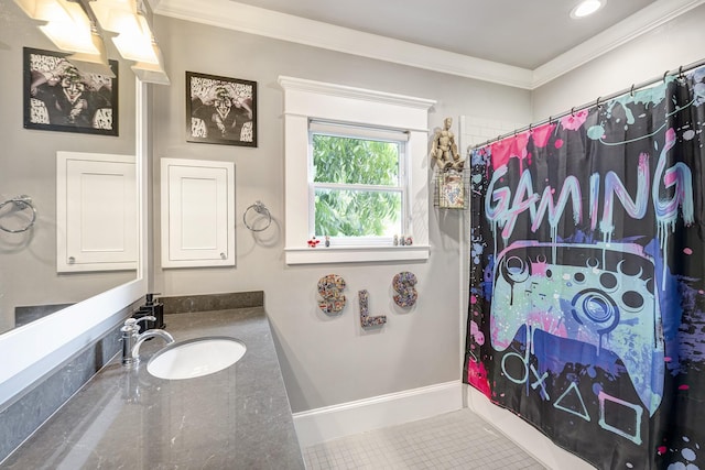 1811 Harvard St, Houston, TX 77008 - bathroom with ornamental molding, vanity, curtained shower, tile patterned floors, and baseboards