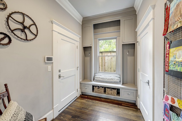 1811 Harvard St, Houston, TX 77008 - mudroom featuring crown molding and dark wood-style flooring
