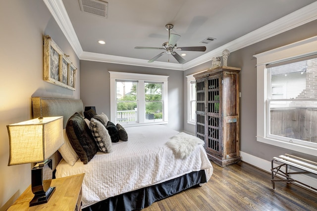 1811 Harvard St, Houston, TX 77008 - bedroom with wood finished floors, crown molding, baseboards, recessed lighting, and a ceiling fan
