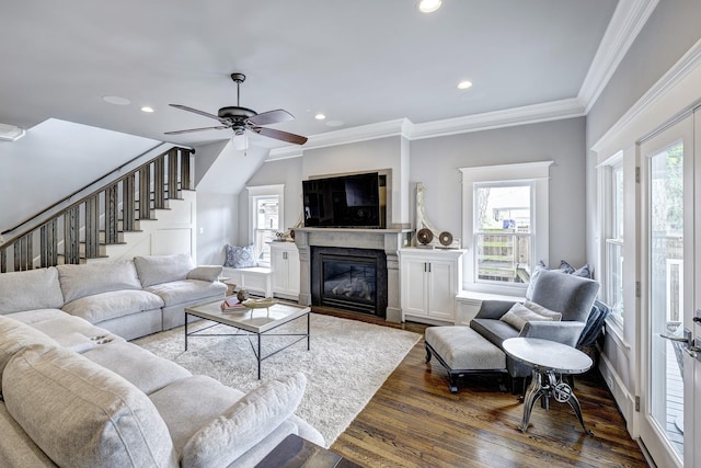 1811 Harvard St, Houston, TX 77008 - living area featuring plenty of natural light, crown molding, dark wood-type flooring, recessed lighting, and stairway