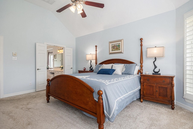 12631 Midland Creek Dr, Tomball, TX 77377 - bedroom featuring light colored carpet, baseboards, ensuite bathroom, high vaulted ceiling, and a ceiling fan