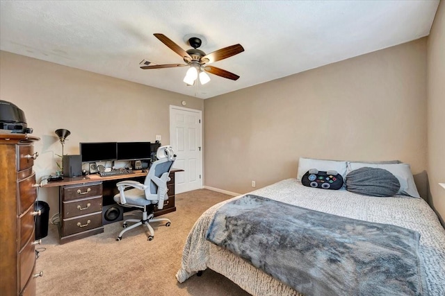 4235 Park Ridge Dr, Pasadena, TX 77504 - bedroom featuring light carpet, an office area, and a ceiling fan