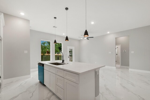 3518 Misty Moss, Montgomery, TX 77356 - kitchen featuring a sink, dishwasher, recessed lighting, light marble finish flooring, and baseboards