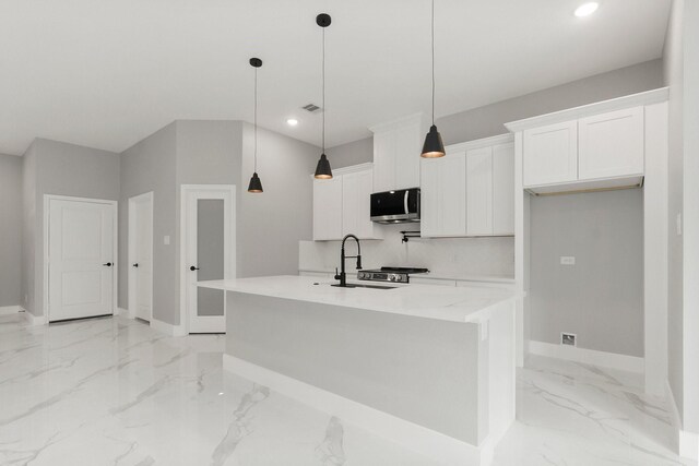 3518 Misty Moss, Montgomery, TX 77356 - kitchen featuring stainless steel microwave, light marble finish floors, baseboards, white cabinetry, and recessed lighting