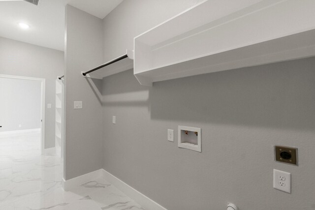 3518 Misty Moss, Montgomery, TX 77356 - laundry room featuring electric dryer hookup, hookup for a washing machine, hookup for a gas dryer, baseboards, and marble look tiles