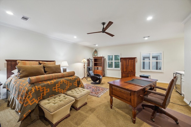 5710 Logan Ln, Houston, TX 77007 - bedroom featuring light carpet, crown molding, recessed lighting, ceiling fan, and baseboards