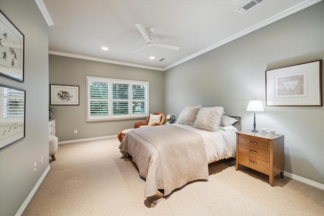 5710 Logan Ln, Houston, TX 77007 - carpeted bedroom with baseboards, ornamental molding, recessed lighting, and ceiling fan