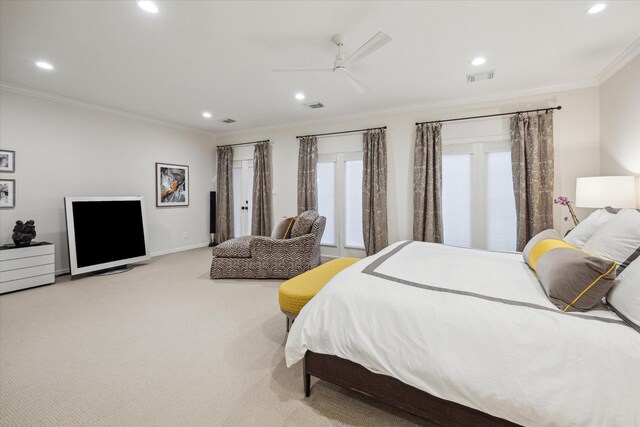 5710 Logan Ln, Houston, TX 77007 - carpeted bedroom with ornamental molding, recessed lighting, baseboards, and a ceiling fan