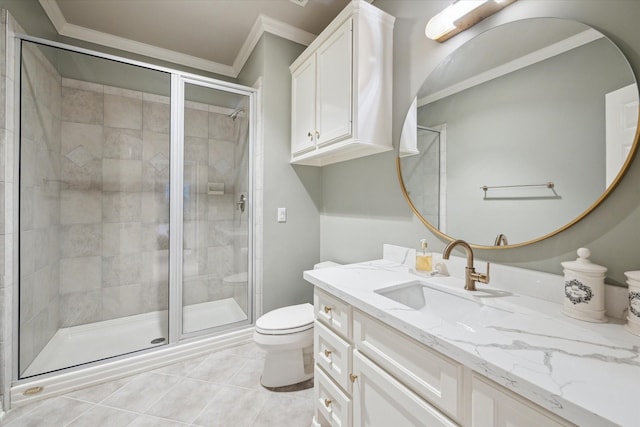5710 Logan Ln, Houston, TX 77007 - bathroom with ornamental molding, vanity, toilet, a stall shower, and tile patterned flooring