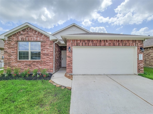 5426 Redwood Summit Ln, Katy, TX 77449 - ranch-style home with driveway, brick siding, a garage, and a front lawn