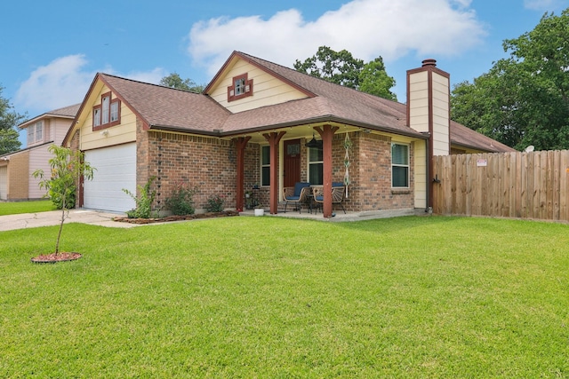 5551 Fawn Trail Ln, Humble, TX 77346 - view of front facade featuring brick siding, covered porch, a chimney, roof with shingles, and driveway