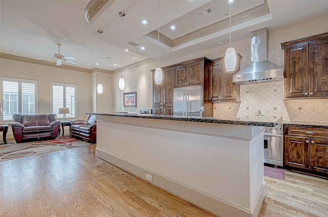 311 Calle Sevilla Pl, Houston, TX 77007 - kitchen featuring premium appliances, wall chimney exhaust hood, light wood finished floors, a ceiling fan, and tasteful backsplash