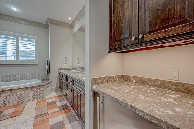 311 Calle Sevilla Pl, Houston, TX 77007 - full bathroom with double vanity, a garden tub, ornamental molding, and recessed lighting