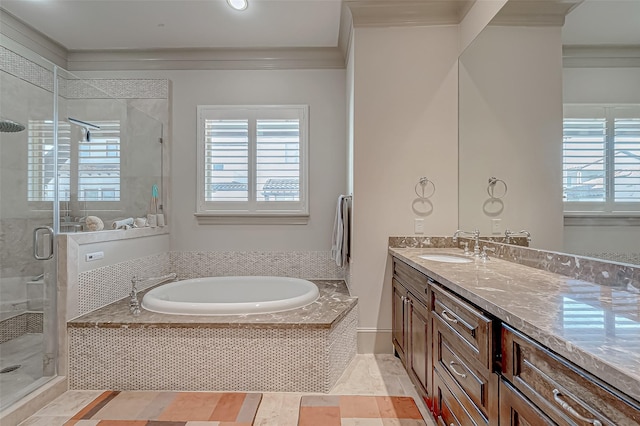 311 Calle Sevilla Pl, Houston, TX 77007 - full bathroom with crown molding, a garden tub, vanity, and a shower stall