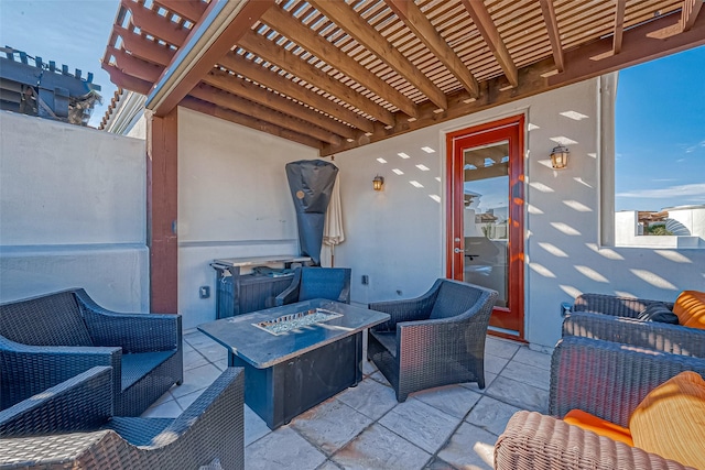 311 Calle Sevilla Pl, Houston, TX 77007 - view of patio / terrace featuring an outdoor living space with a fire pit and a pergola