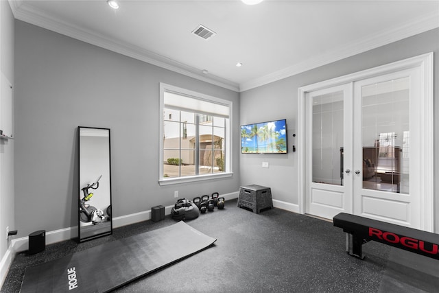 1705 Michigan St, Houston, TX 77006 - workout area featuring french doors, baseboards, ornamental molding, and recessed lighting
