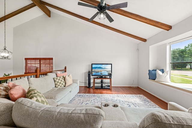 3911 Rushcroft Dr, Houston, TX 77082 - living room with a chandelier, high vaulted ceiling, beam ceiling, wood finished floors, and ceiling fan