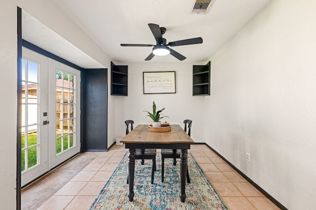 3911 Rushcroft Dr, Houston, TX 77082 - dining room featuring french doors, light tile patterned floors, a ceiling fan, and baseboards