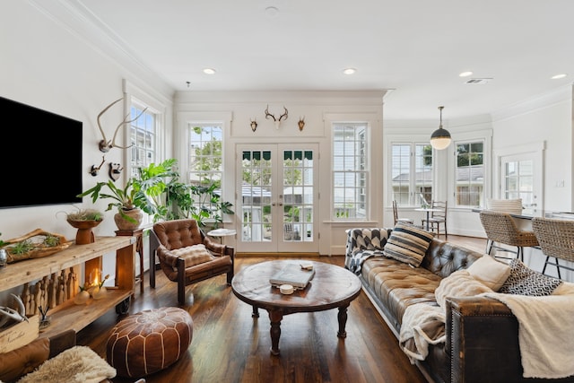 613 E 18th St, Houston, TX 77008 - living room with wood finished floors, french doors, crown molding, and recessed lighting