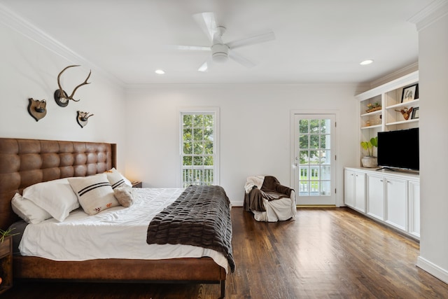 613 E 18th St, Houston, TX 77008 - bedroom featuring access to outside, wood finished floors, crown molding, a ceiling fan, and recessed lighting