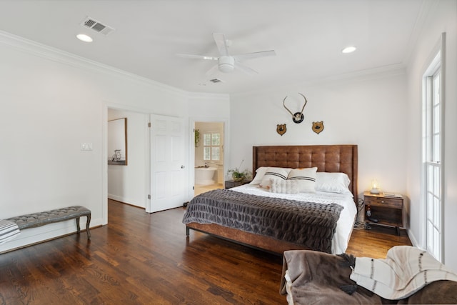 613 E 18th St, Houston, TX 77008 - bedroom with ornamental molding, wood finished floors, baseboards, ceiling fan, and recessed lighting