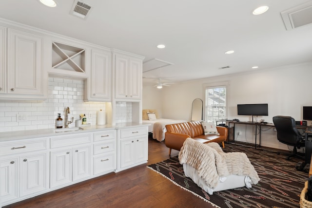 613 E 18th St, Houston, TX 77008 - office area with a sink, ornamental molding, attic access, dark wood-style flooring, and recessed lighting