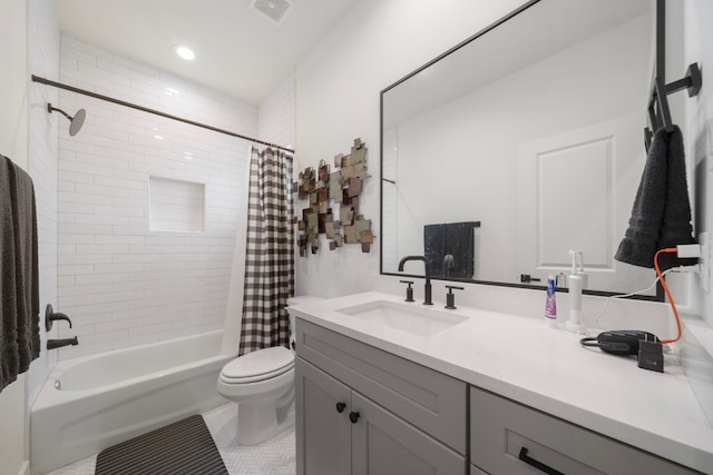 1503 Evelyn St, Houston, TX 77009 - full bathroom featuring vanity, shower / tub combo with curtain, toilet, and tile patterned flooring