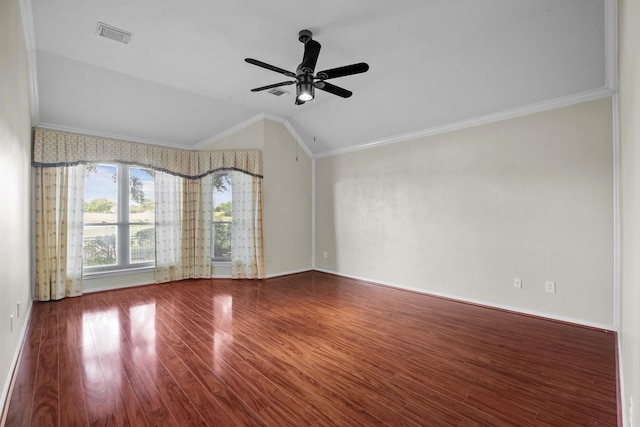 2723 Shelby Dr, Pearland, TX 77584 - spare room featuring lofted ceiling, ceiling fan, wood finished floors, ornamental molding, and baseboards