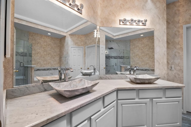 2723 Shelby Dr, Pearland, TX 77584 - full bath featuring double vanity, a marble finish shower, and tile walls
