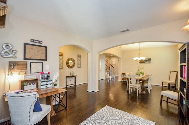 2109 Sunset Terrace Ln, Houston, TX 77089 - office area with arched walkways, hardwood / wood-style floors, a chandelier, and baseboards