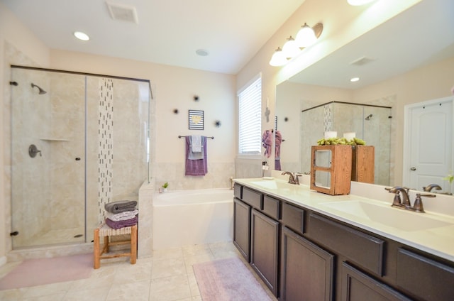 2109 Sunset Terrace Ln, Houston, TX 77089 - bathroom with a bath, a stall shower, double vanity, and tile patterned flooring