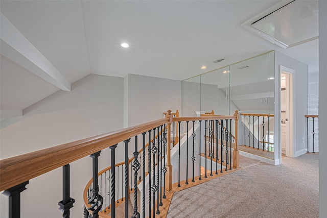 3406 Mesquite Dr, Sugar Land, TX 77479 - corridor with an upstairs landing, carpet floors, vaulted ceiling, recessed lighting, and attic access