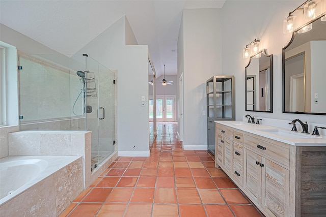 3406 Mesquite Dr, Sugar Land, TX 77479 - full bath featuring a garden tub, a stall shower, double vanity, ceiling fan, and baseboards
