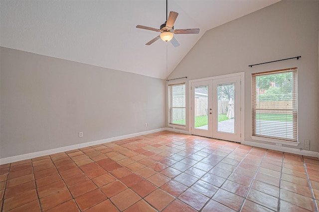 3406 Mesquite Dr, Sugar Land, TX 77479 - unfurnished room with high vaulted ceiling, french doors, light tile patterned floors, ceiling fan, and baseboards