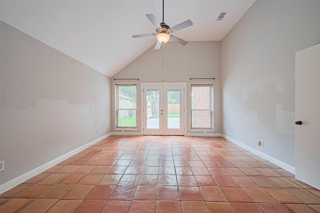 3406 Mesquite Dr, Sugar Land, TX 77479 - unfurnished room featuring french doors, light tile patterned floors, high vaulted ceiling, ceiling fan, and baseboards