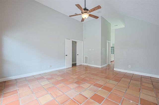 3406 Mesquite Dr, Sugar Land, TX 77479 - empty room featuring high vaulted ceiling, a ceiling fan, baseboards, and light tile patterned flooring