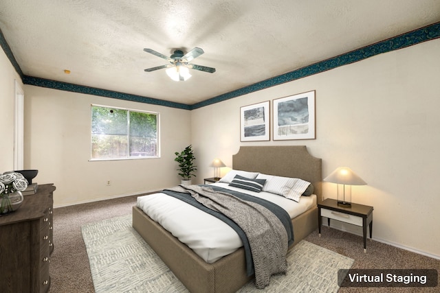 8442 Lettie St, Houston, TX 77075 - carpeted bedroom featuring a textured ceiling, baseboards, and a ceiling fan