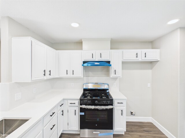 3219 Ricewood Dr, Porter, TX 77365 - kitchen featuring stainless steel range with gas cooktop, under cabinet range hood, baseboards, dark wood-style flooring, and light countertops