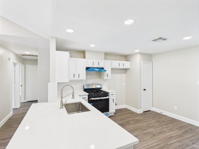 3219 Ricewood Dr, Porter, TX 77365 - kitchen with stainless steel range with gas stovetop, a sink, under cabinet range hood, baseboards, and wood finished floors