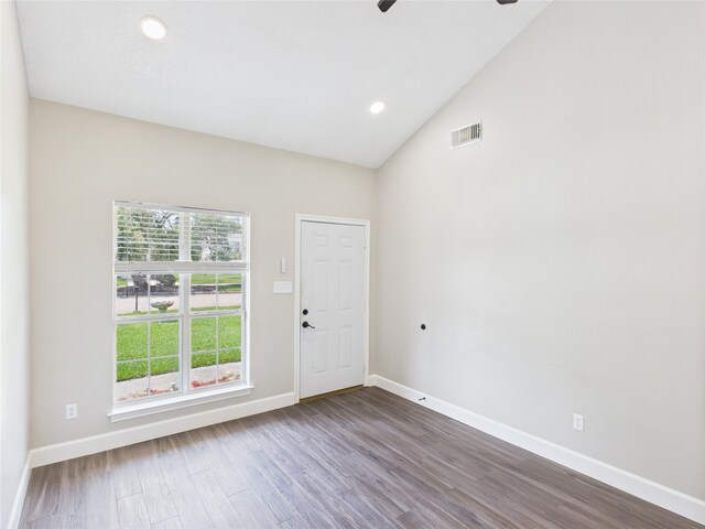 3219 Ricewood Dr, Porter, TX 77365 - entryway with baseboards, wood finished floors, a ceiling fan, vaulted ceiling, and recessed lighting