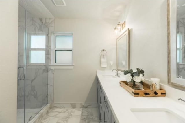 10618 Cranbrook Rd, Houston, TX 77042 - full bath with marble look tiles, a marble finish shower, and double vanity
