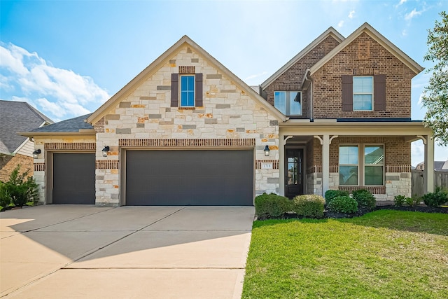 1718 Pepper Grove Ln, Katy, TX 77494 - view of front facade with concrete driveway, an attached garage, a front lawn, stone siding, and brick siding