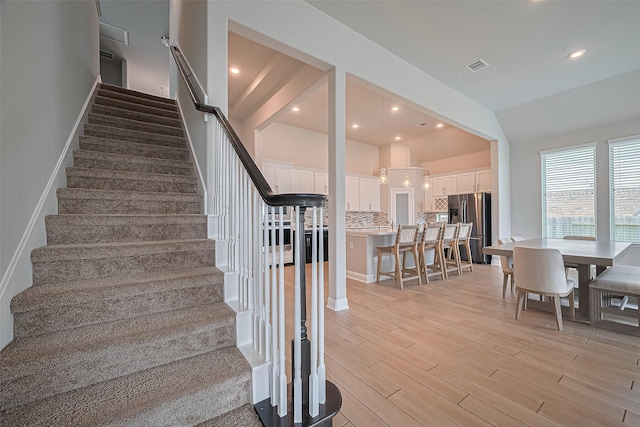 1718 Pepper Grove Ln, Katy, TX 77494 - staircase with wood finished floors, recessed lighting, and vaulted ceiling