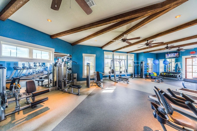 1718 Pepper Grove Ln, Katy, TX 77494 - workout area with a ceiling fan, beamed ceiling, plenty of natural light, and baseboards