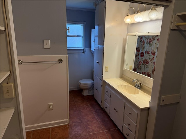 1707 Key St, Waller, TX 77484 - bathroom with vanity, toilet, tile patterned floors, ornamental molding, and a shower with shower curtain