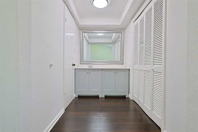 9910 Kent Towne Ln, Sugar Land, TX 77498 - hallway featuring dark wood-style flooring, baseboards, and a raised ceiling