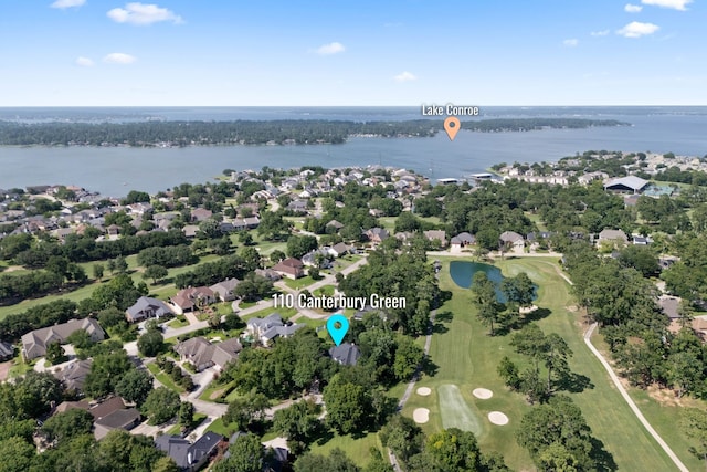 110 Canterbury Green Dr, Conroe, TX 77356 - aerial view of property and surrounding area featuring a large body of water, a golf club, and nearby suburban area